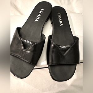 Prada black leather cut out sandal slide